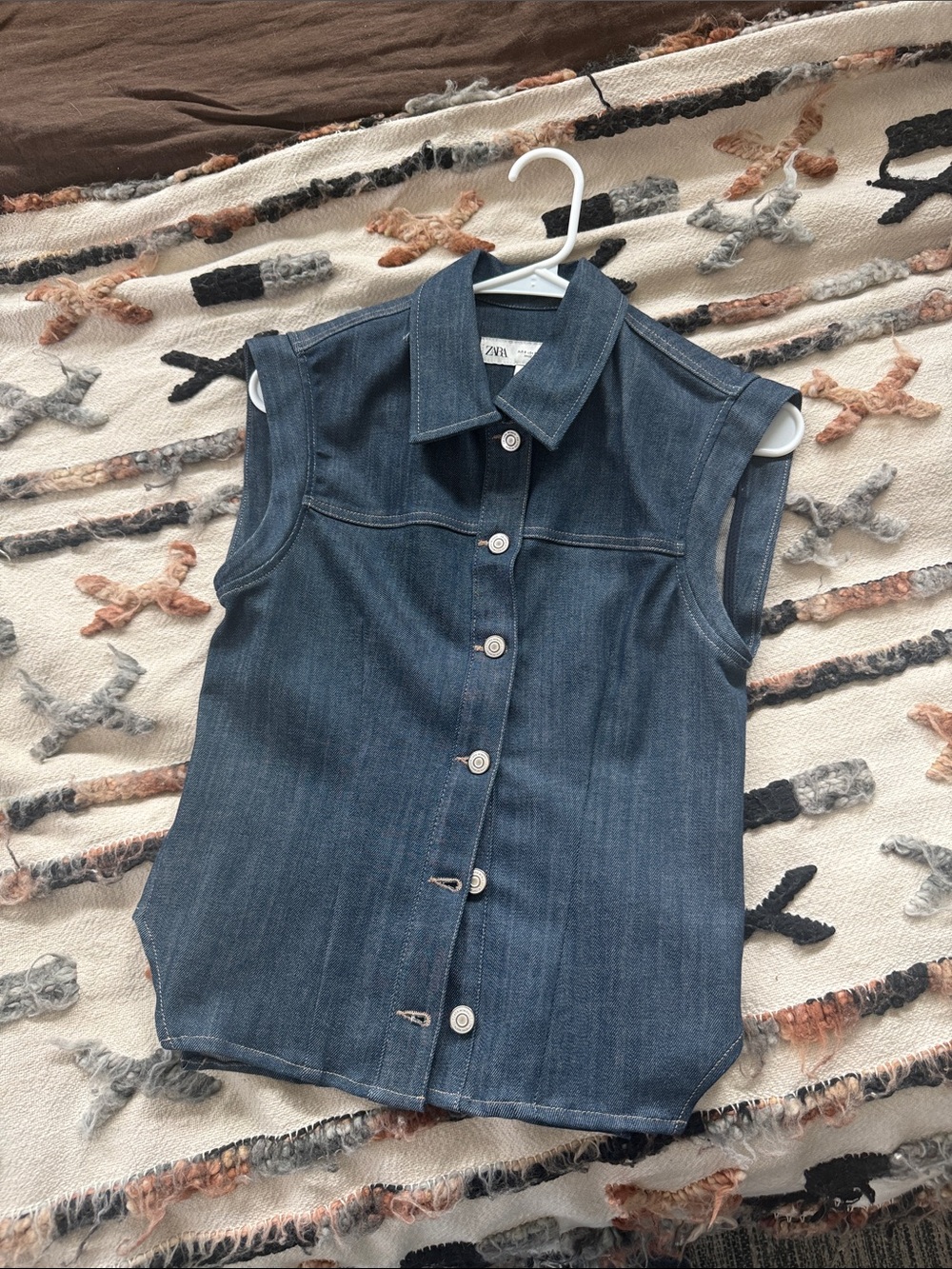 Zara Dark Blue Denim Sleeveless Button-Down Shirt